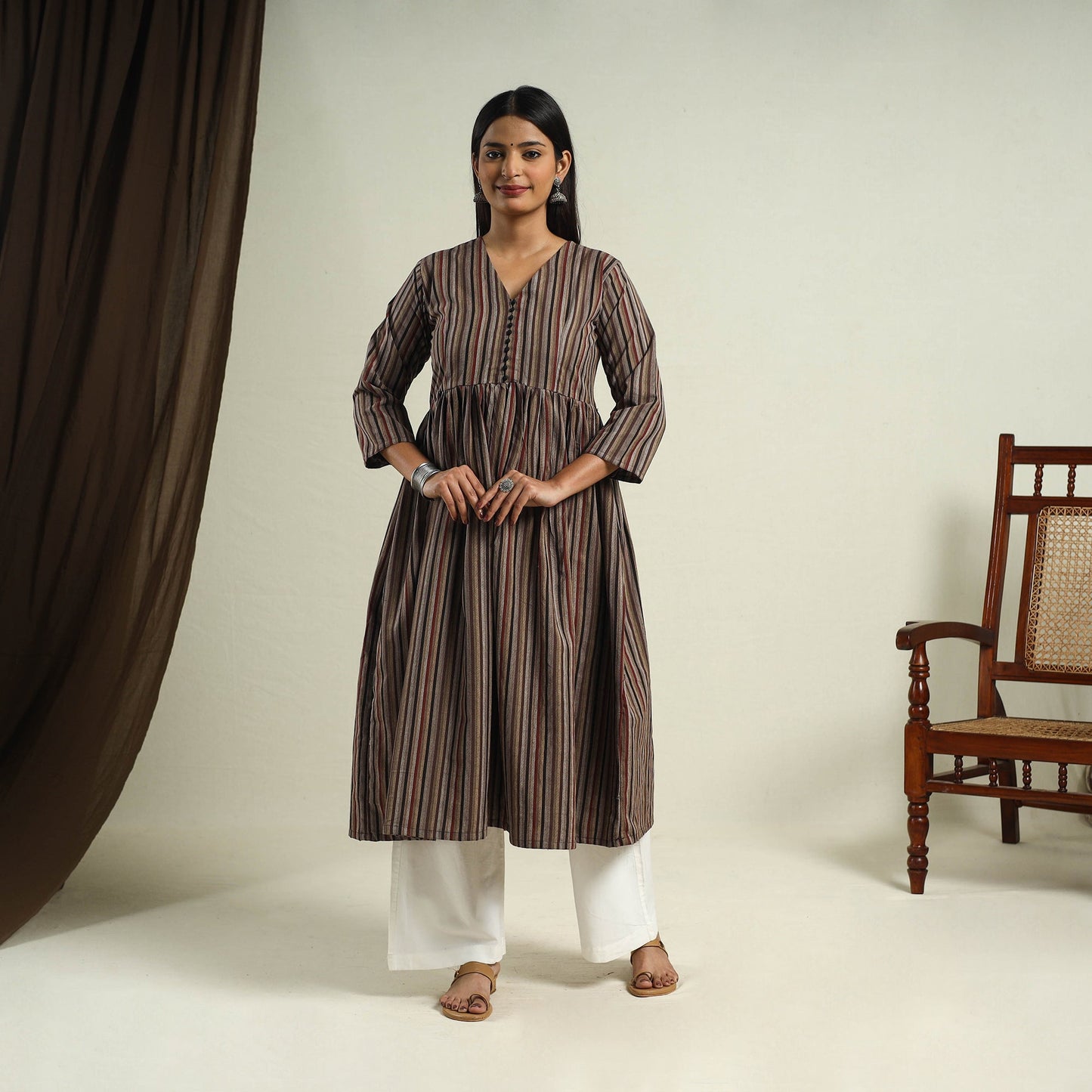 Buy Brown Jhiri Handloom Flared Cotton Kurta for Women