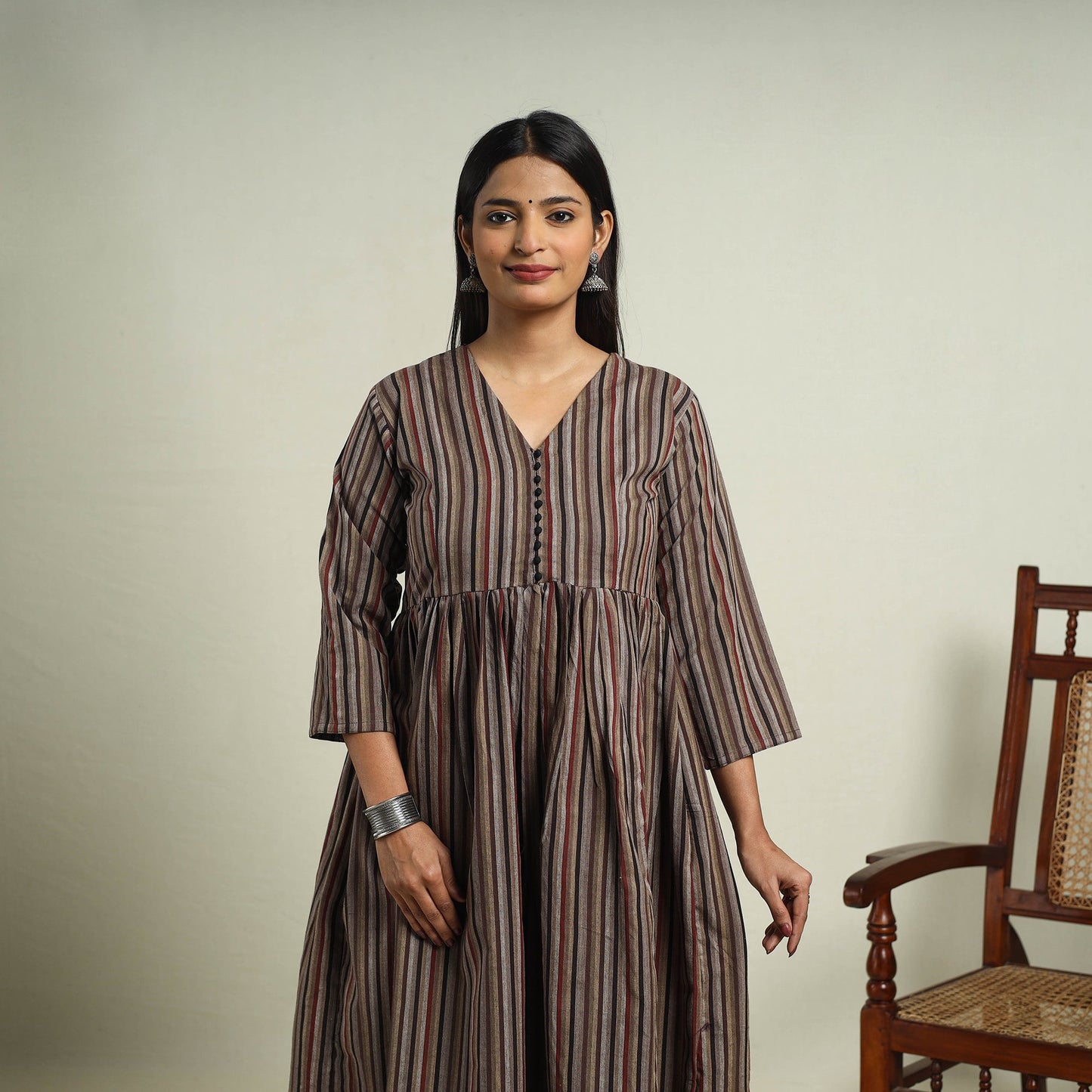Buy Brown Jhiri Handloom Flared Cotton Kurta for Women