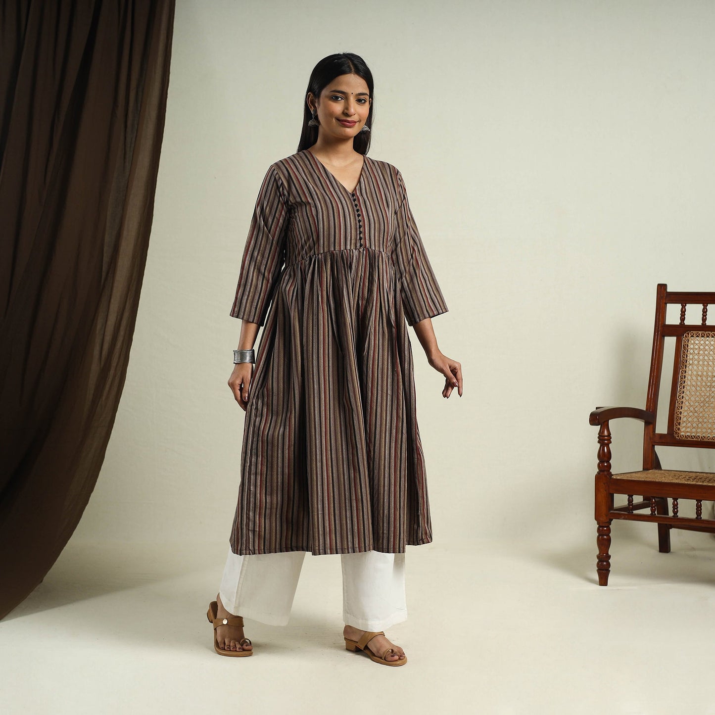 Buy Brown Jhiri Handloom Flared Cotton Kurta for Women