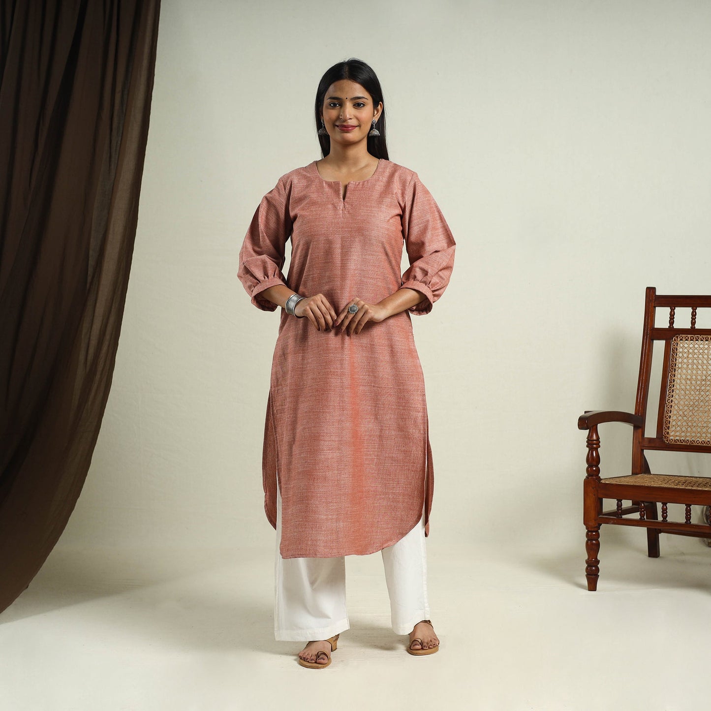 Buy Brown Jhiri Handloom Straight Cotton Kurta for Women