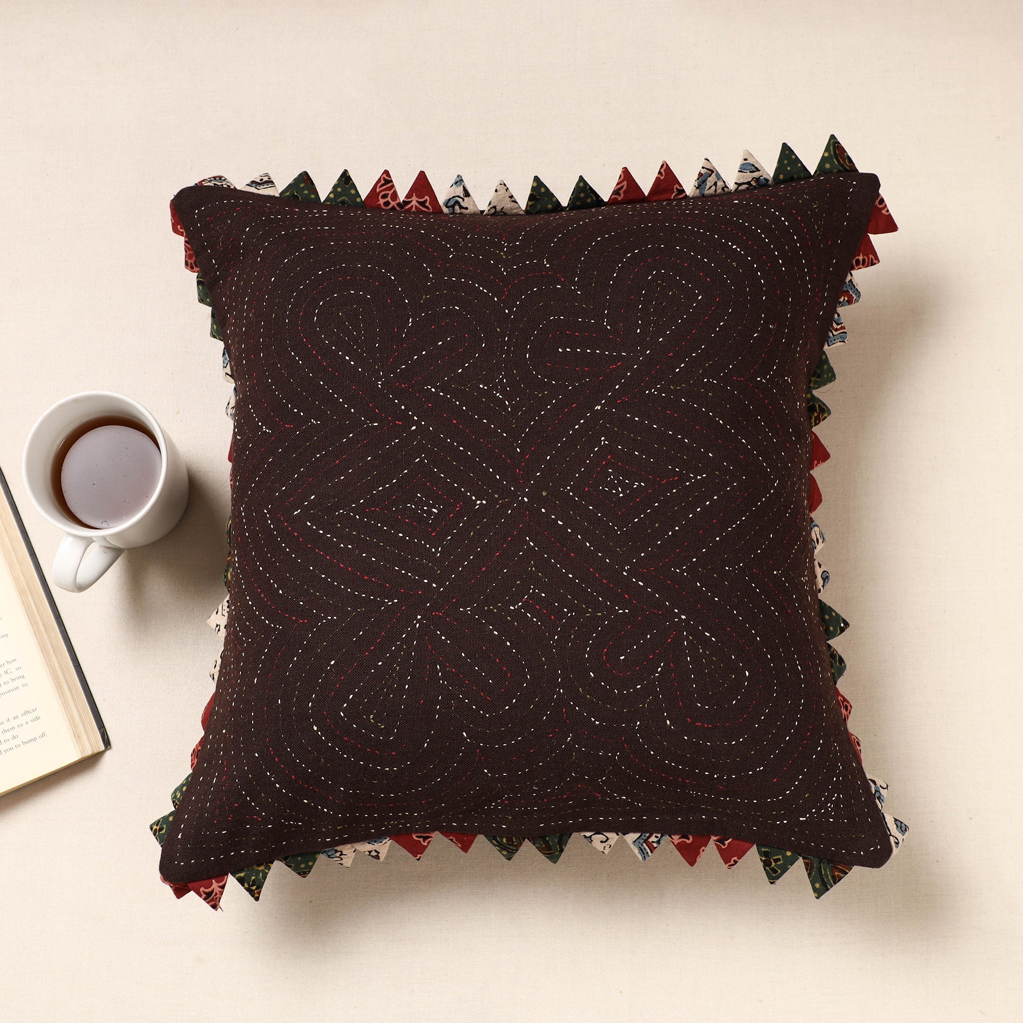 Brown Kala Raksha Tagai Work Cotton Cushion Cover