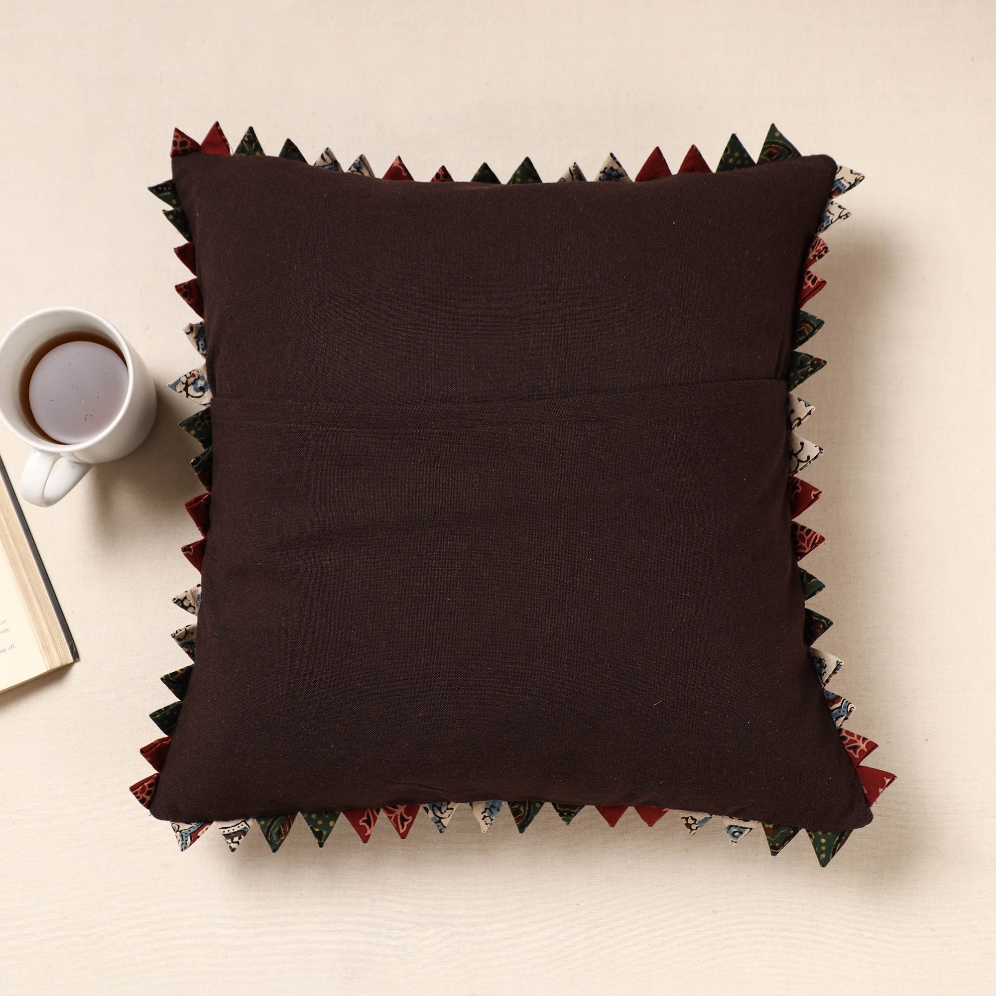 Brown Kala Raksha Tagai Work Cotton Cushion Cover