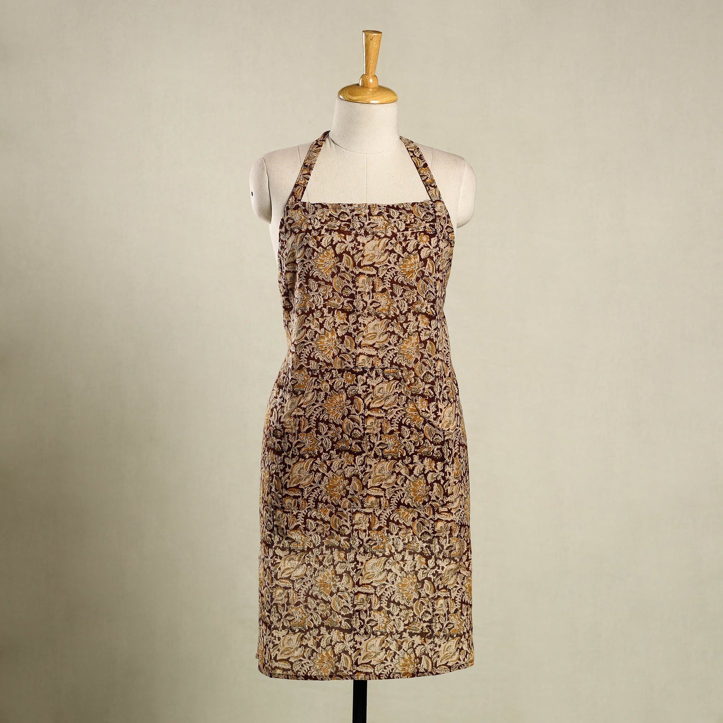Brown Kalamkari Block Print Cotton Apron with Pocket