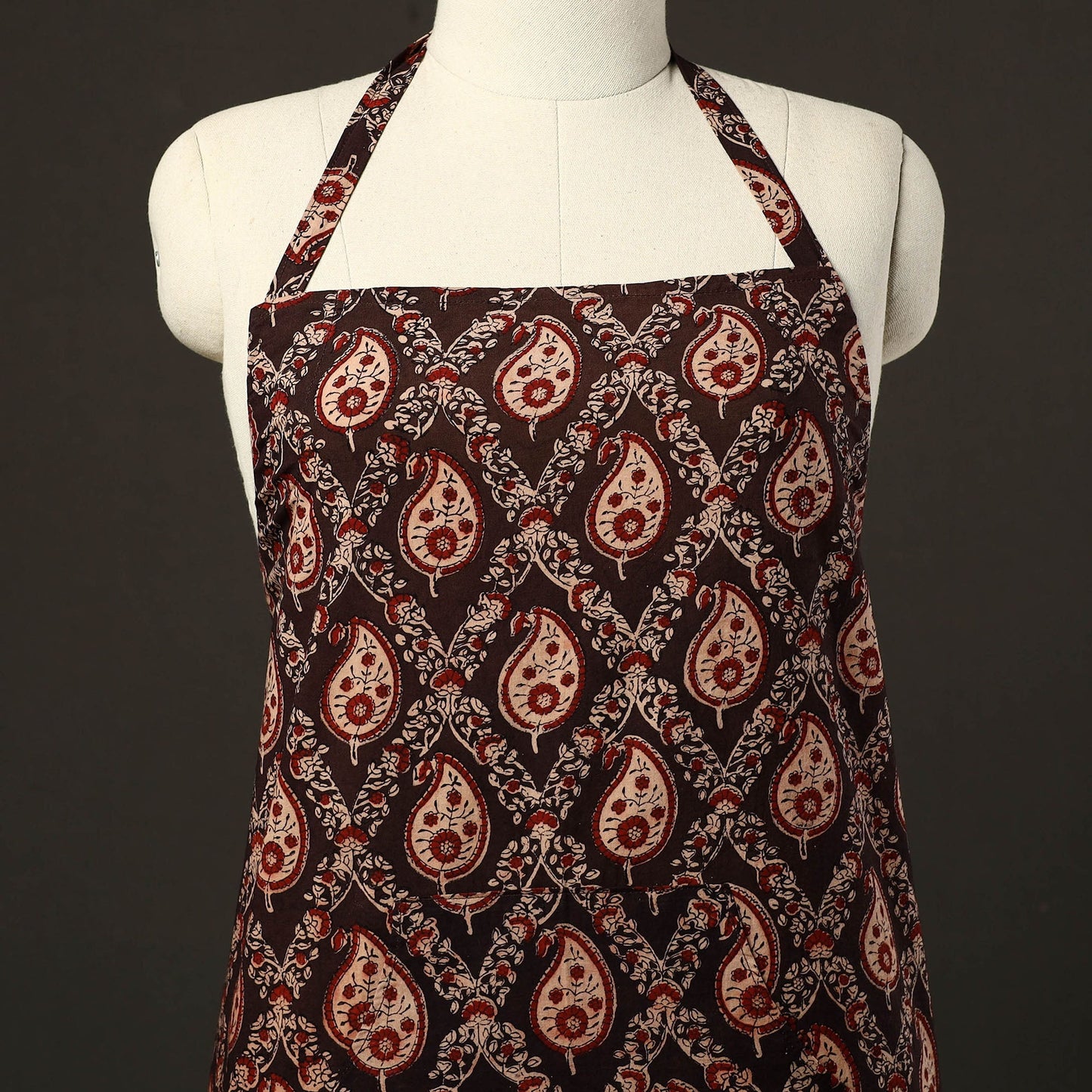 Brown - kalamkari cotton apron with pocket 32 - handcrafted