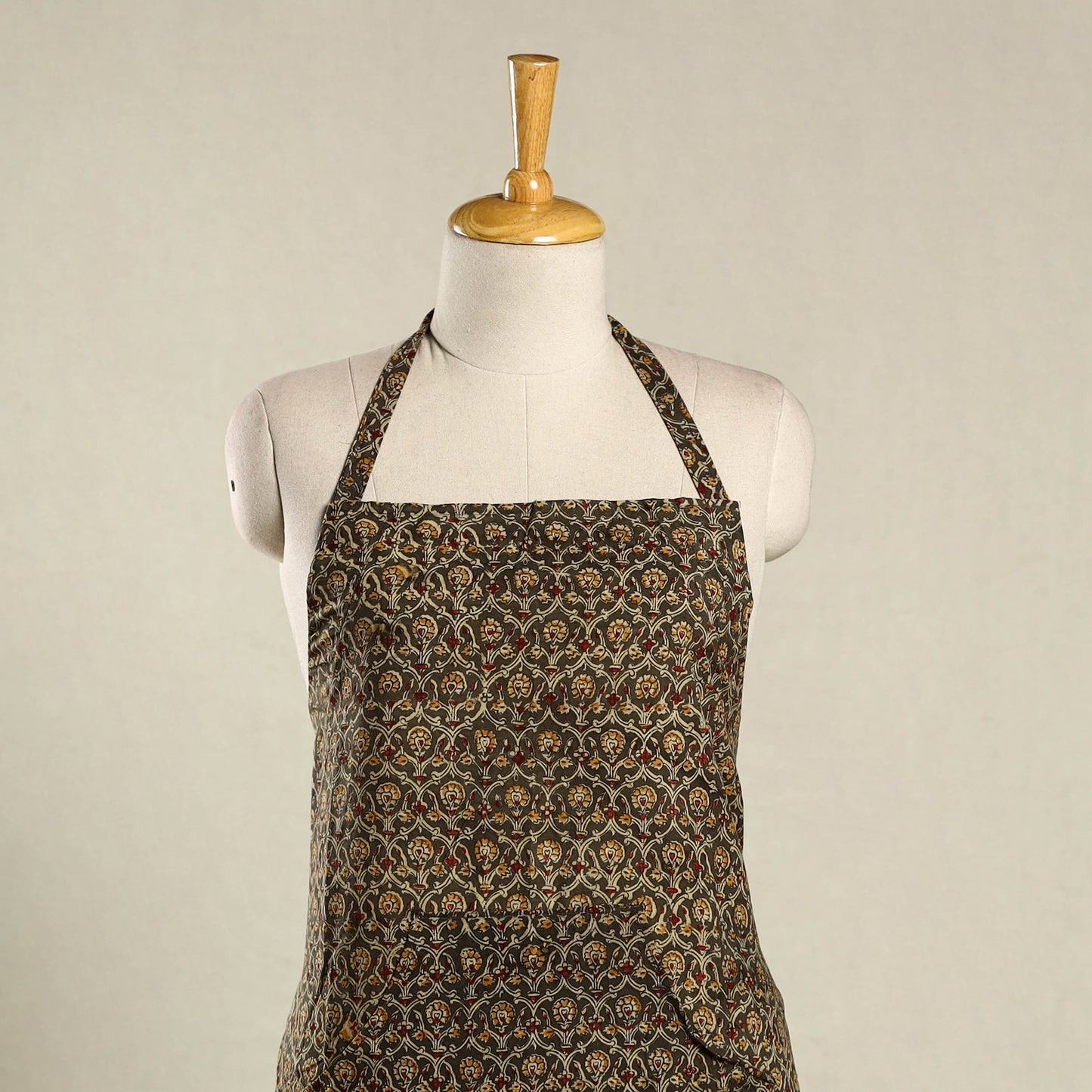 Brown Kalamkari Block Print Cotton Apron with Pocket