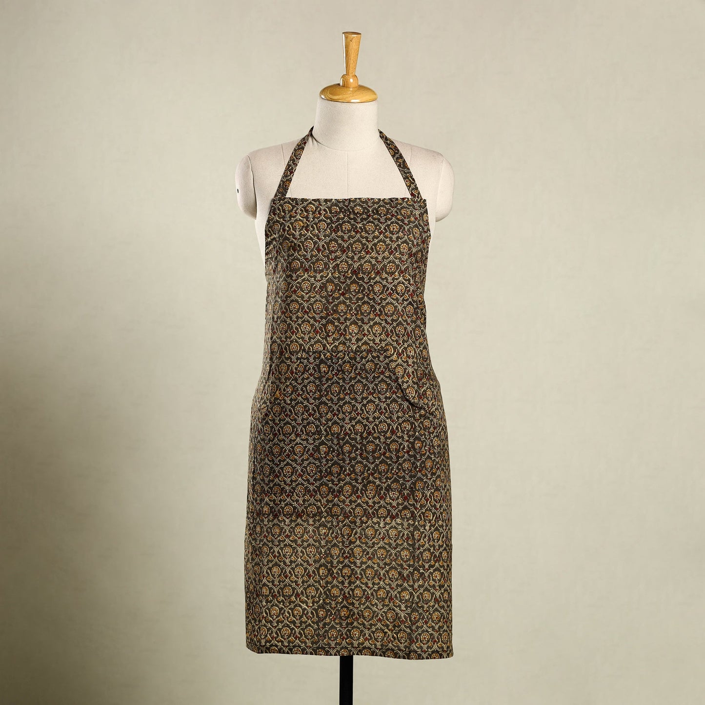 Brown Kalamkari Block Print Cotton Apron with Pocket