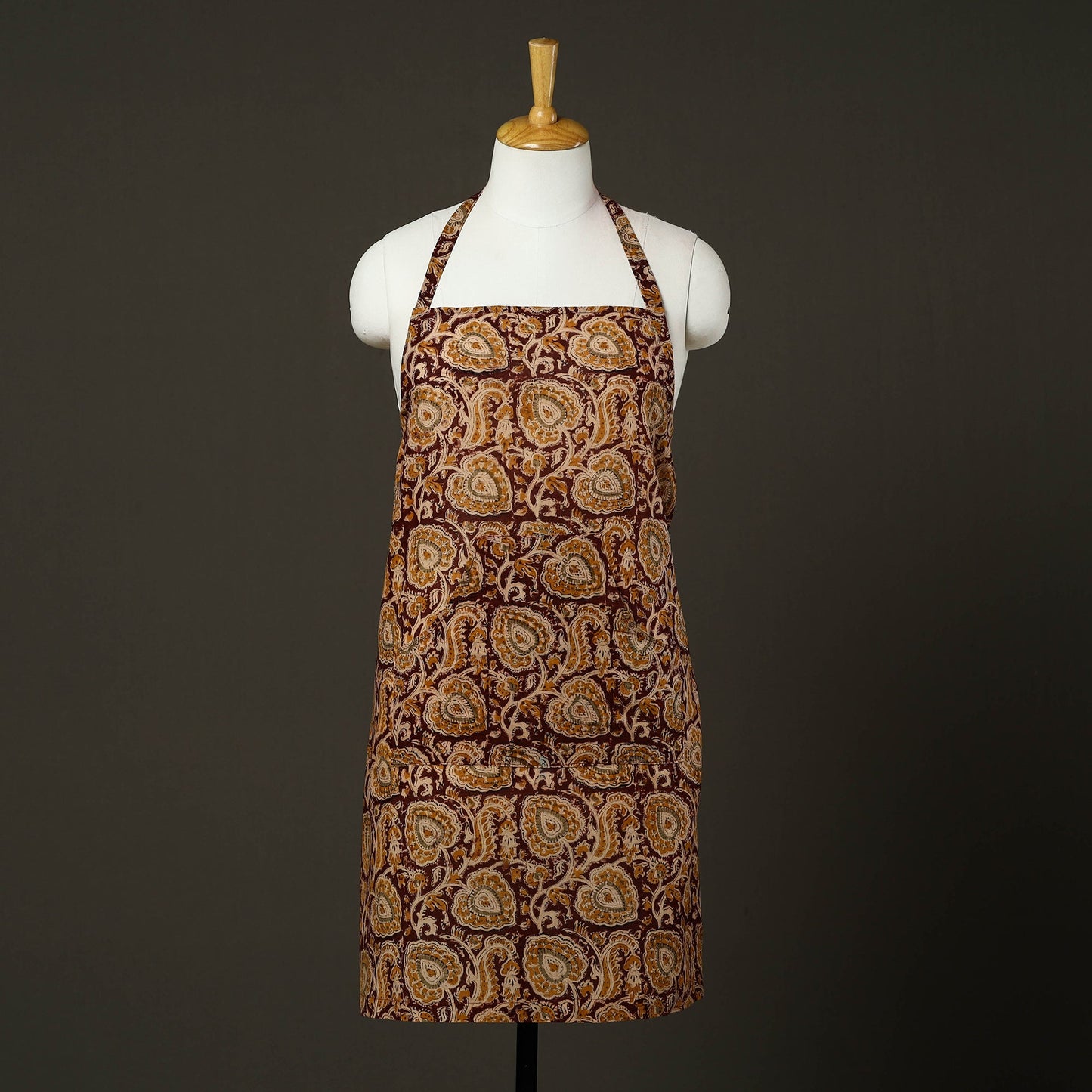 Brown - kalamkari cotton apron with pocket 61 - handcrafted
