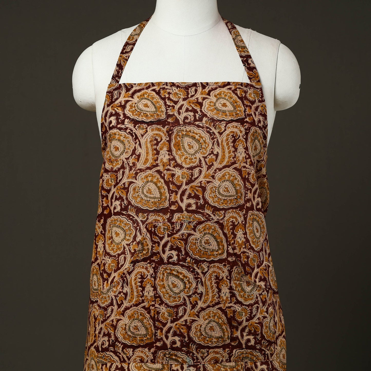 Brown - kalamkari cotton apron with pocket 61 - handcrafted