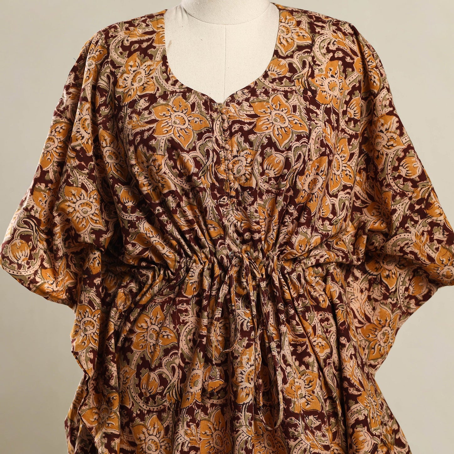 Brown Kalamkari Block Print Cotton Kaftan (Short)