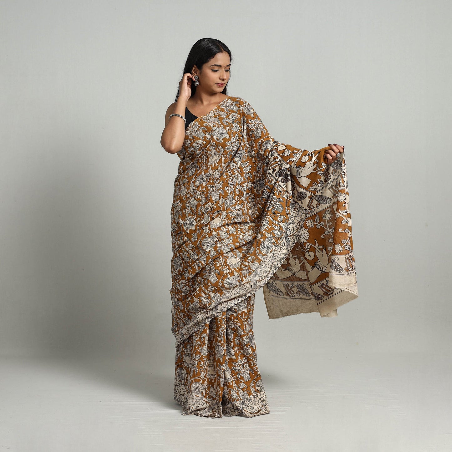  Kalamkari Print Cotton Saree with Blouse Online at iTokri.com