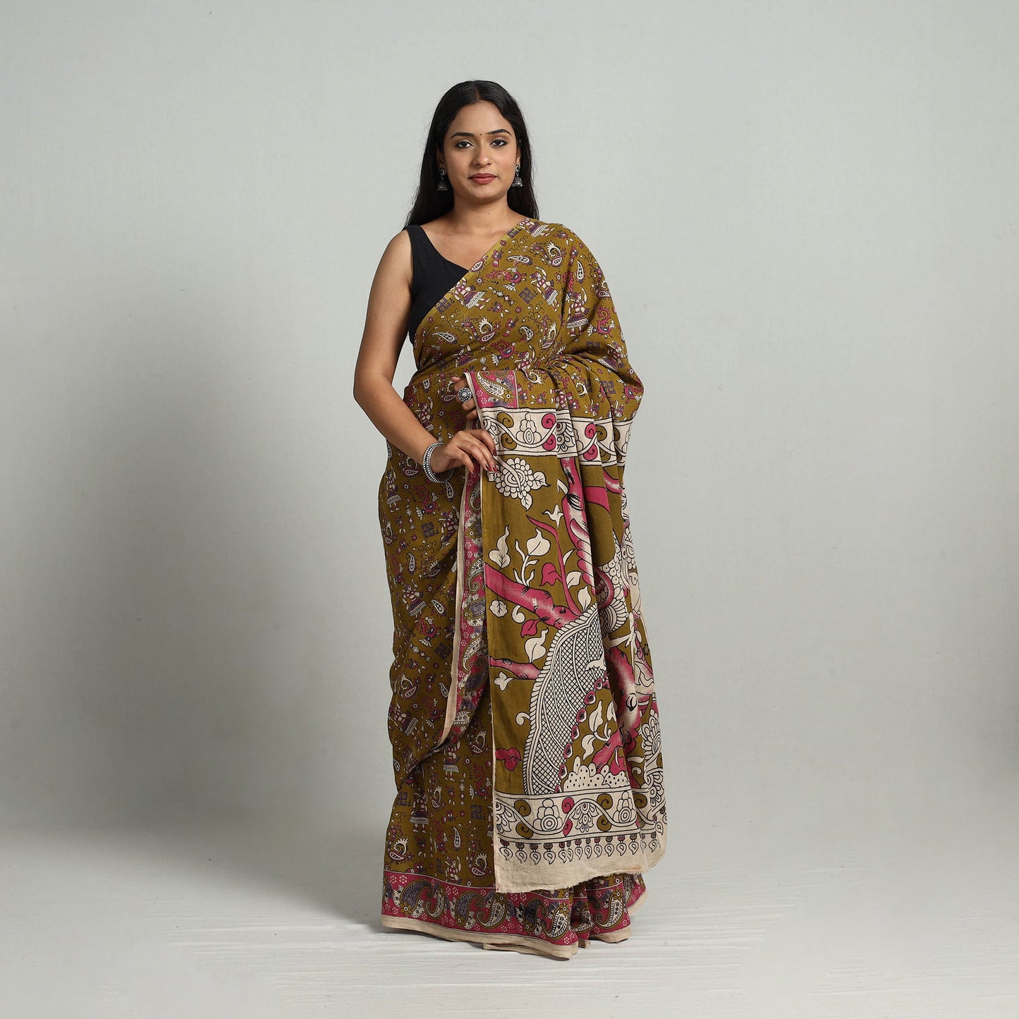  Kalamkari Print Cotton Saree with Blouse Online at iTokri.com