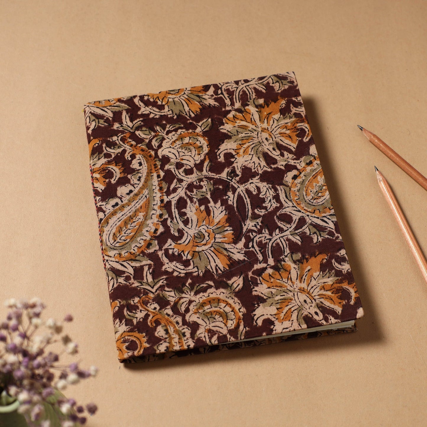 Brown - Kalamkari Fabric Cover Handmade Paper Notebook (9 x 7 in)