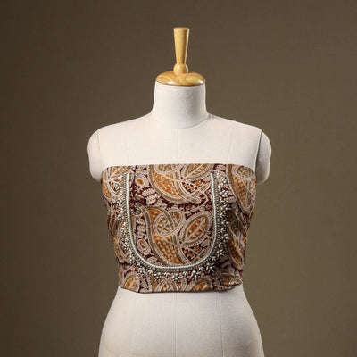 Brown Kalamkari Print Hand Embroidery Cotton Blouse Piece