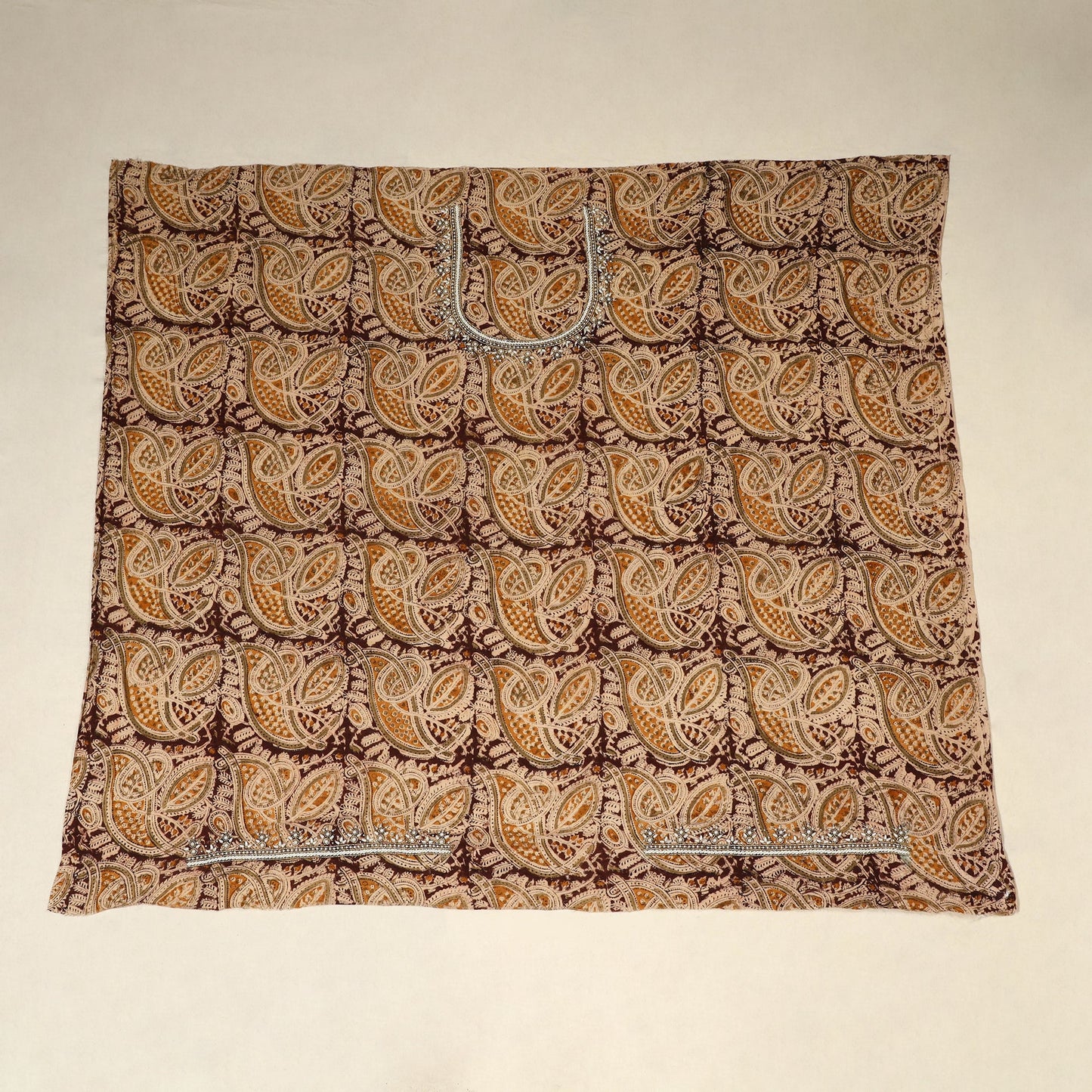 Brown Kalamkari Print Hand Embroidery Cotton Blouse Piece