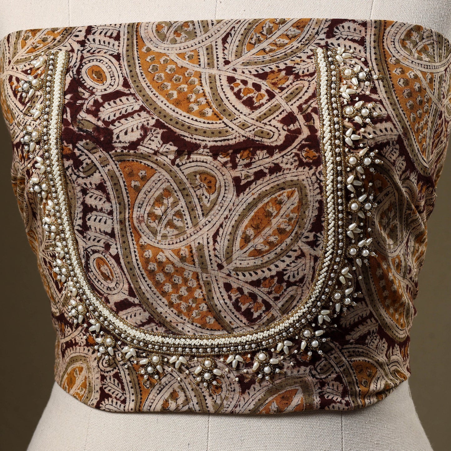 Brown Kalamkari Print Hand Embroidery Cotton Blouse Piece