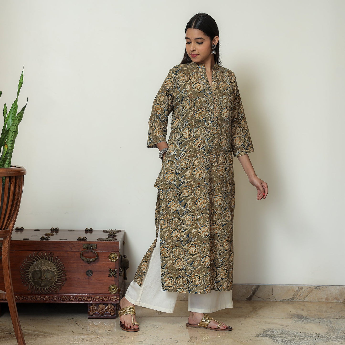Kalamkari Hand Block Print Cotton Straight Kurta For Women