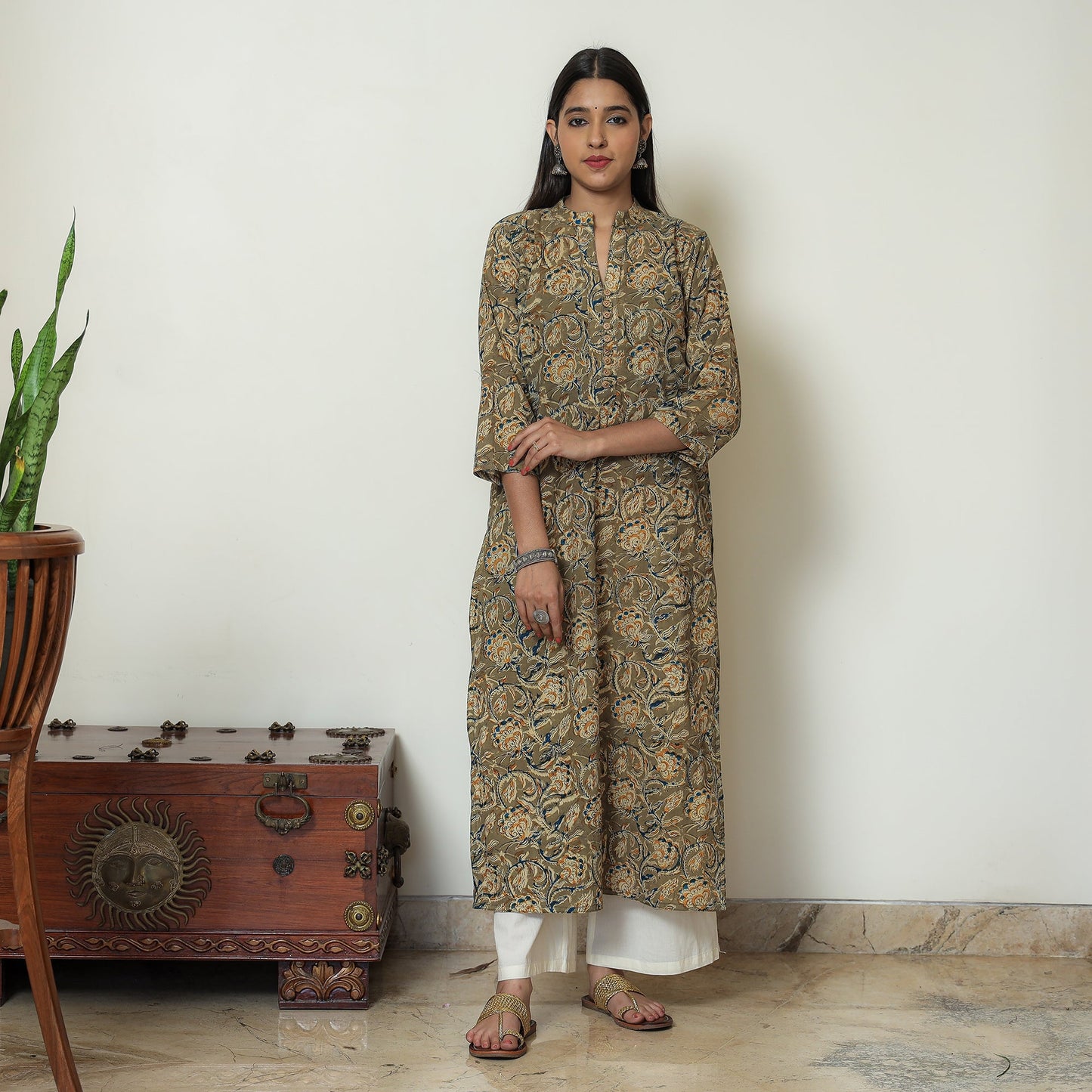 Kalamkari Hand Block Print Cotton Straight Kurta For Women