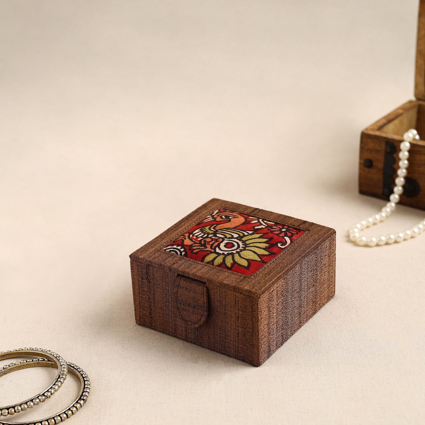 Brown Kalamkari Handpainted Ghicha Silk Bangle Box (Small)