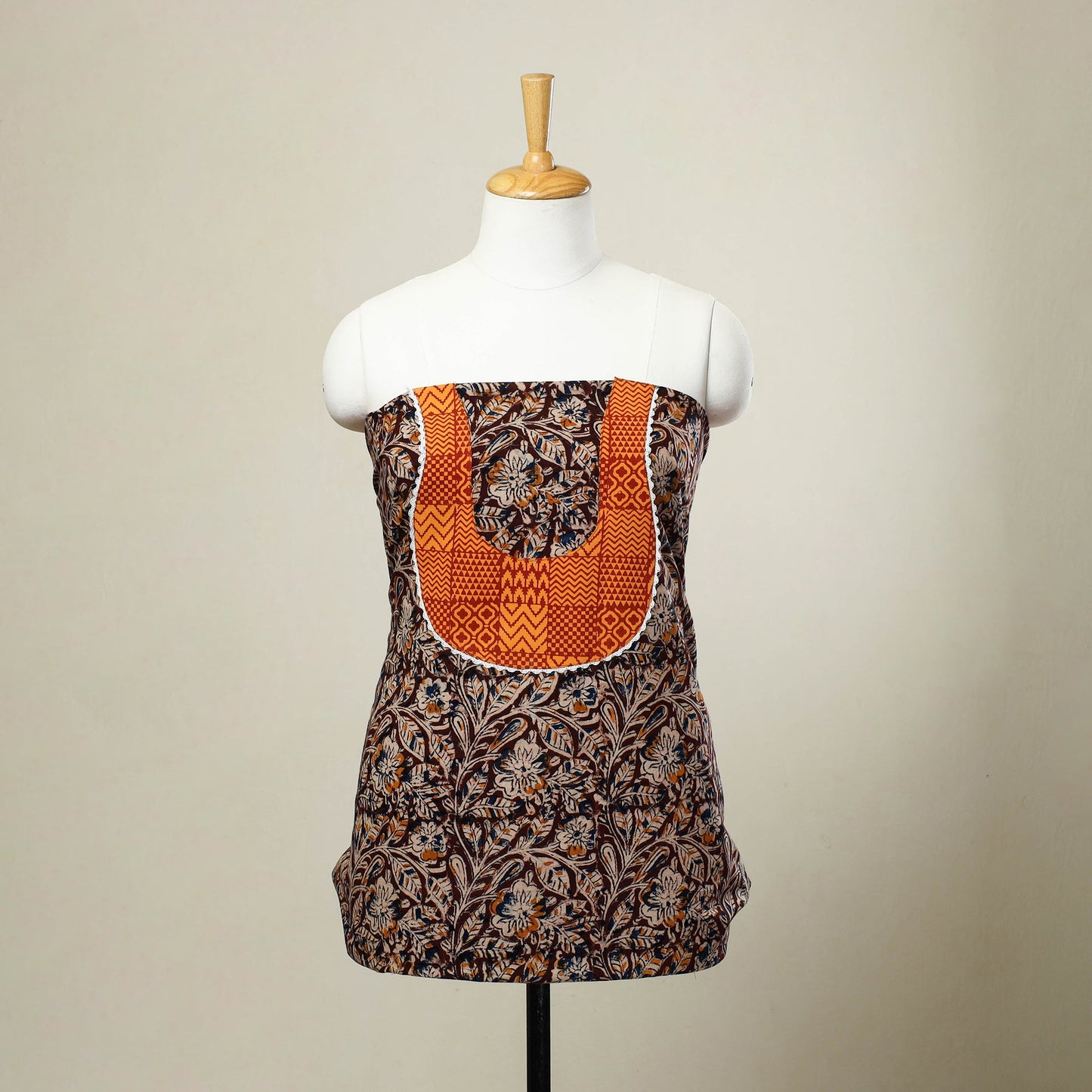 Buy Brown Kalamkari Print Patchwork Cotton Kurta Material