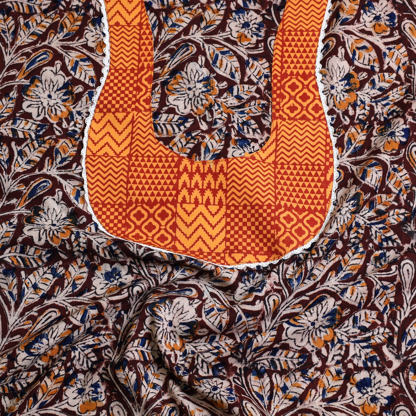 Buy Brown Kalamkari Print Patchwork Cotton Kurta Material