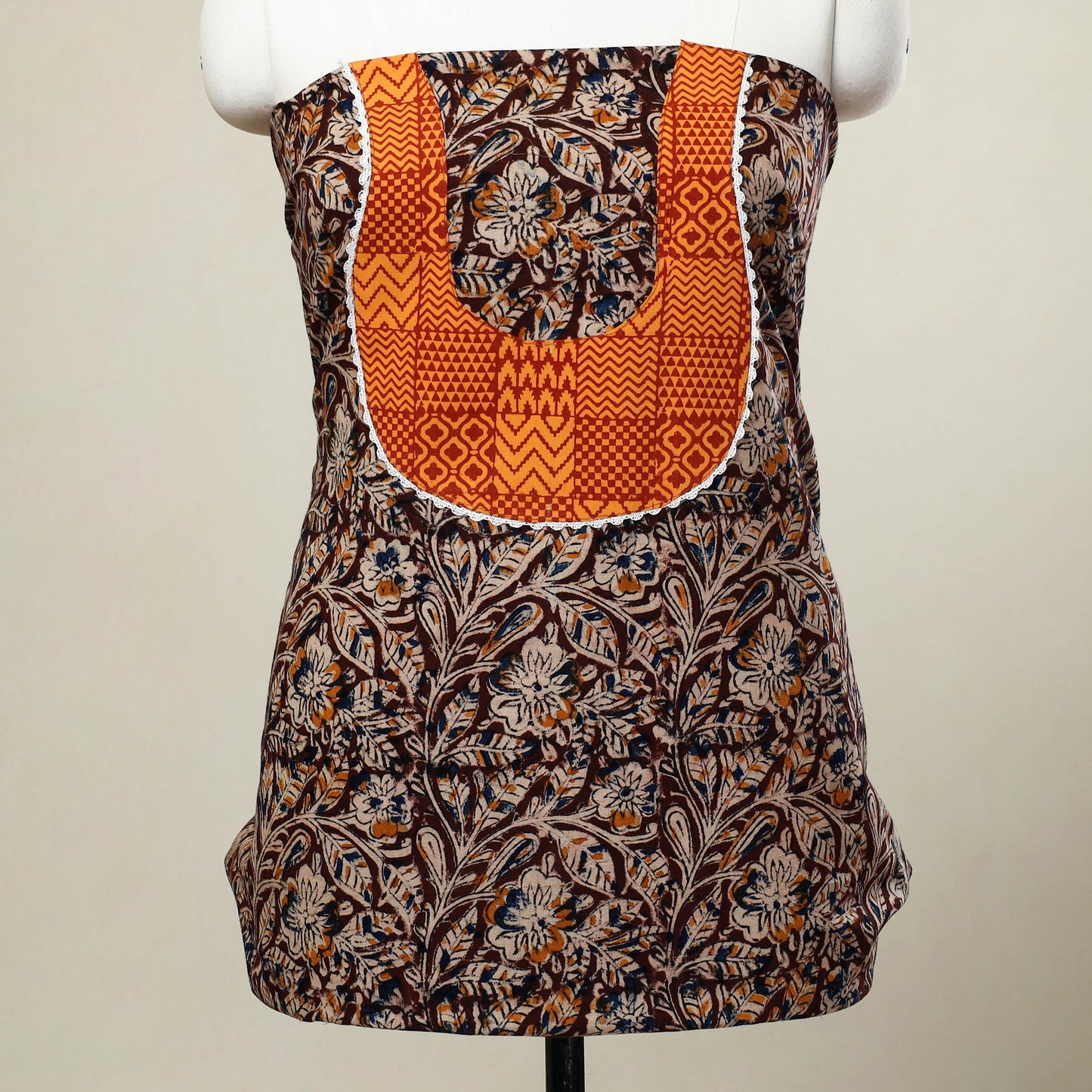 Buy Brown Kalamkari Print Patchwork Cotton Kurta Material