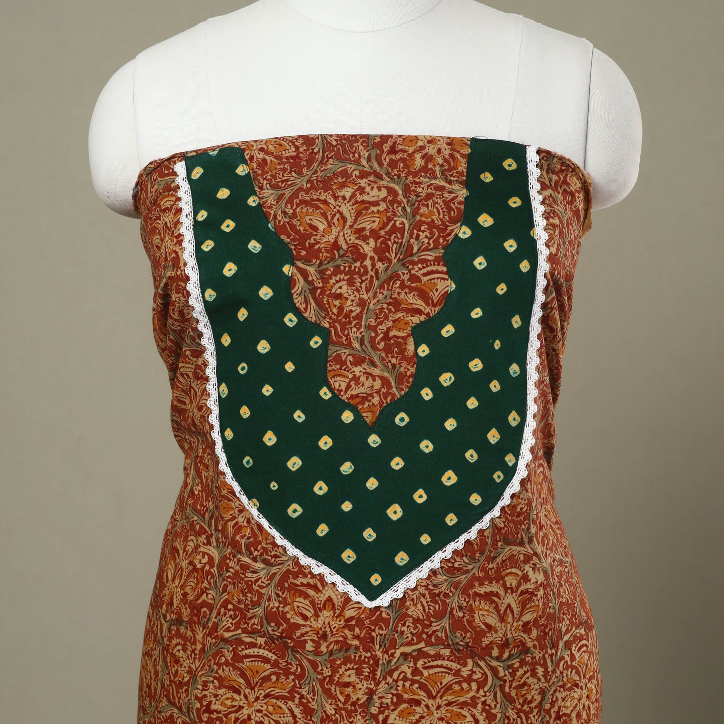 Buy Brown Kalamkari Print Patchwork Cotton Kurta Material