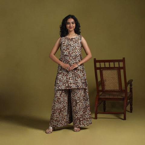 Brown - kalamkari printed cotton 2pc kurta set for women 11