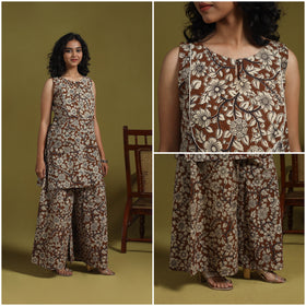Brown - kalamkari printed cotton 2pc kurta set for women 11