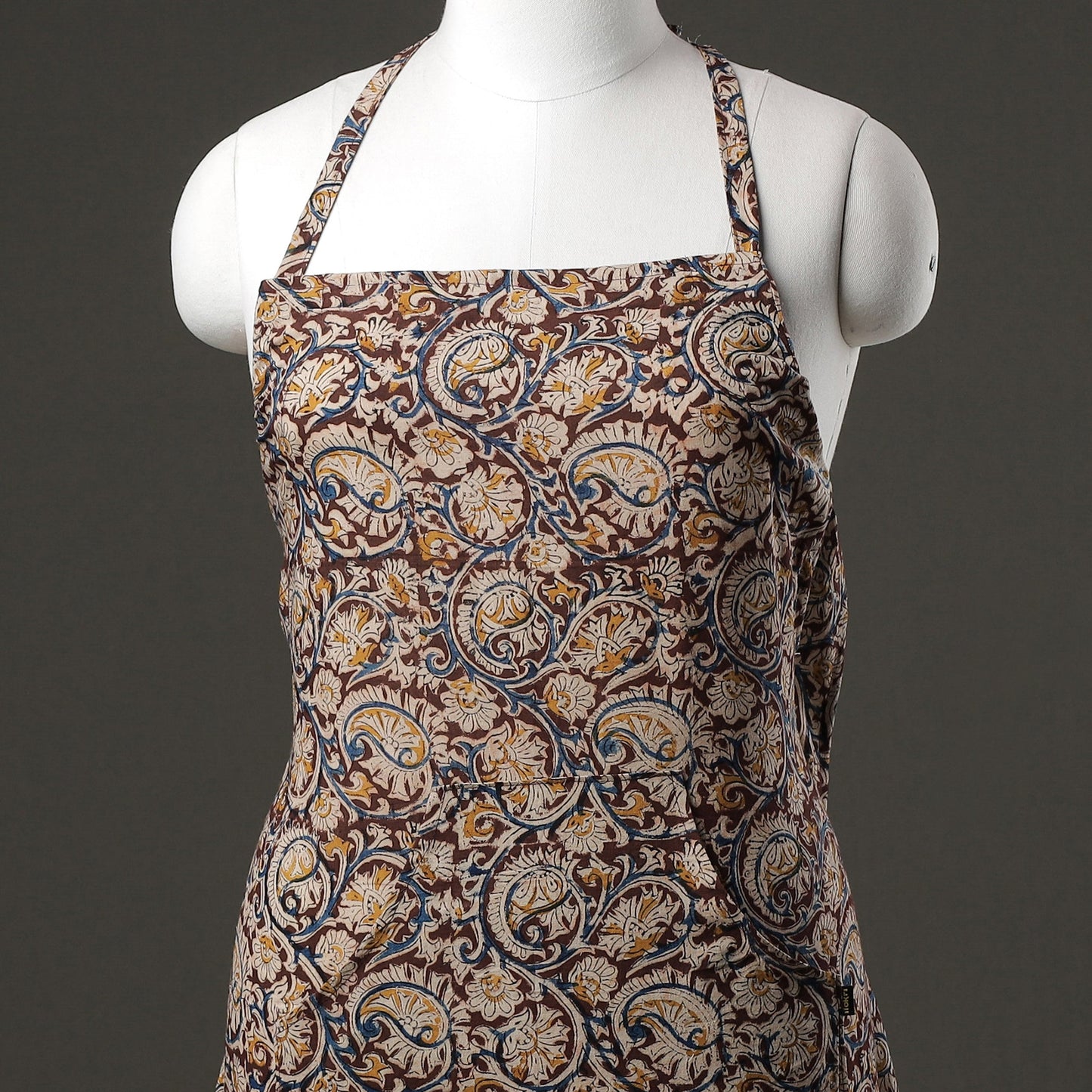 Brown Kalamkari Block Printed Cotton Apron with Pocket 