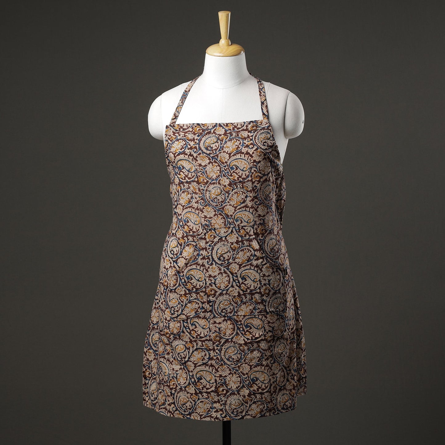 Brown Kalamkari Block Printed Cotton Apron with Pocket 