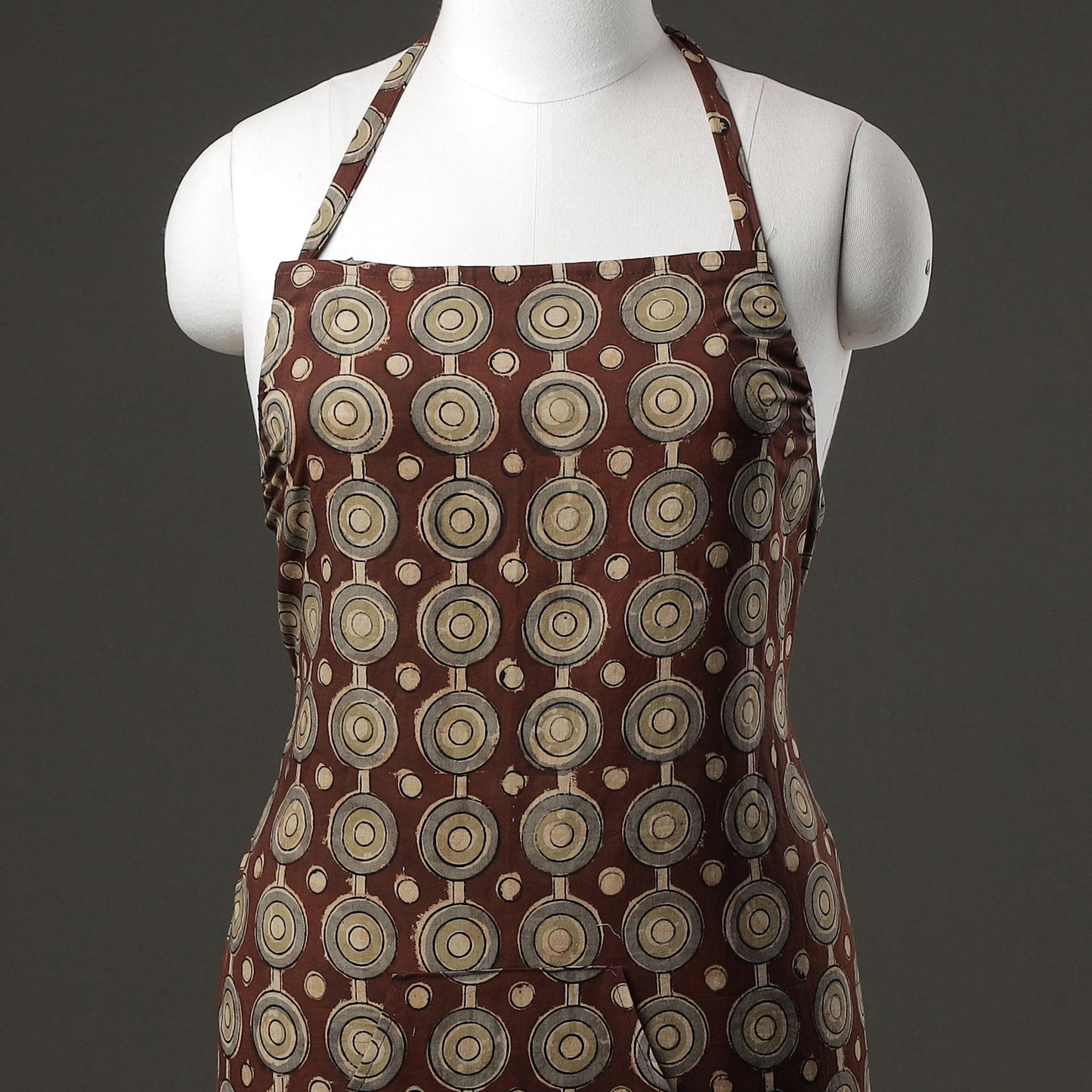 Brown Kalamkari Block Printed Cotton Apron with Pocket 