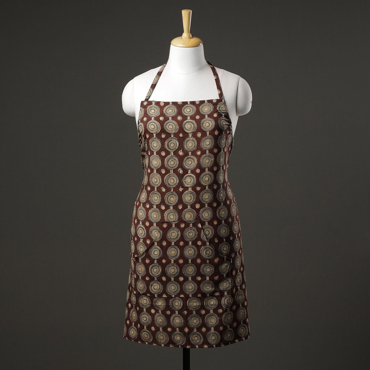Brown Kalamkari Block Printed Cotton Apron with Pocket 