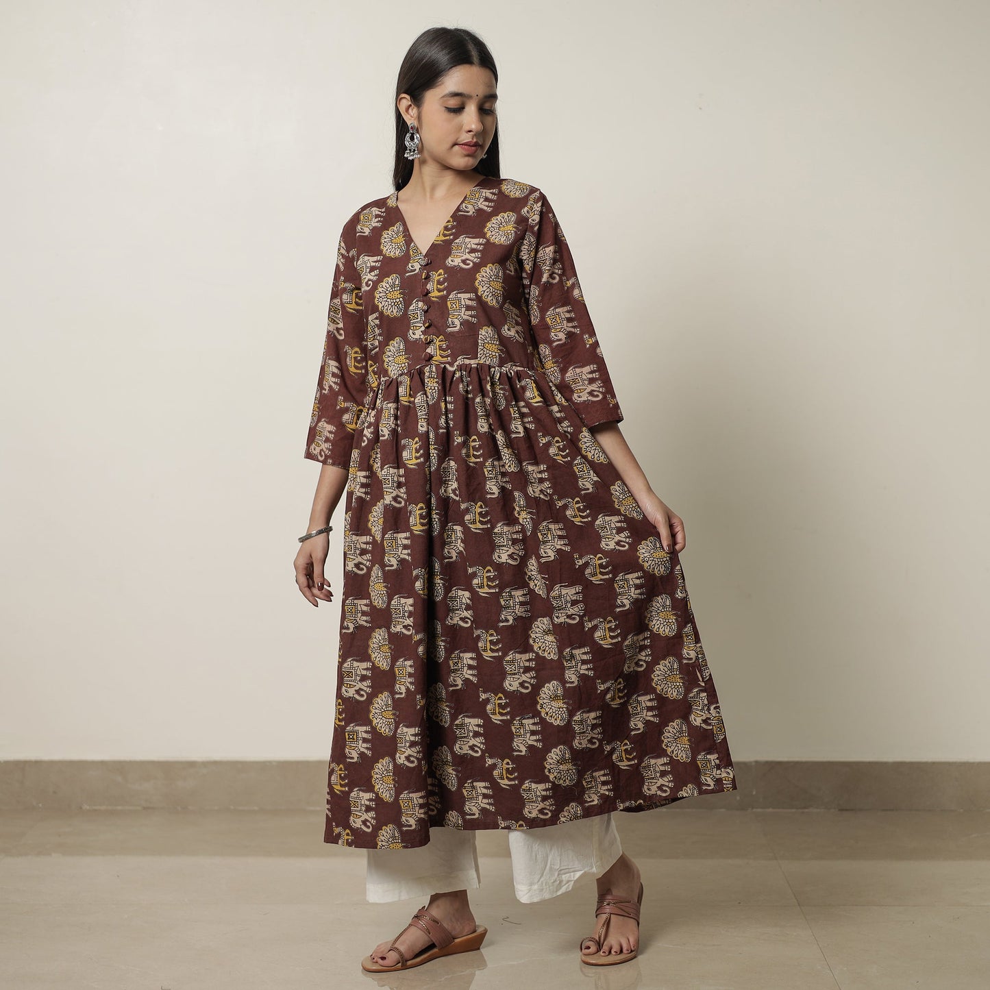  Kalamkari Printed Cotton Flared Kurta For Women