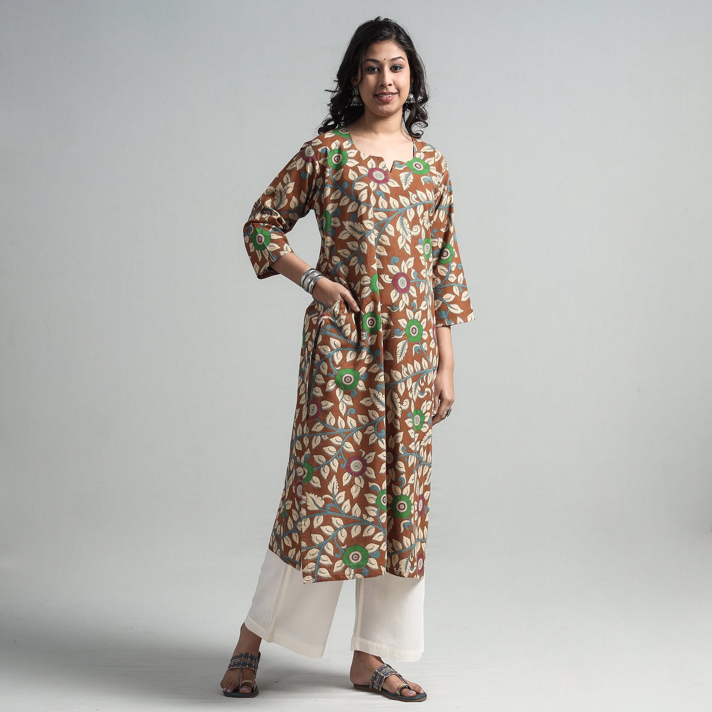  Kalamkari Printed Cotton A-Line Long Kurta For Women