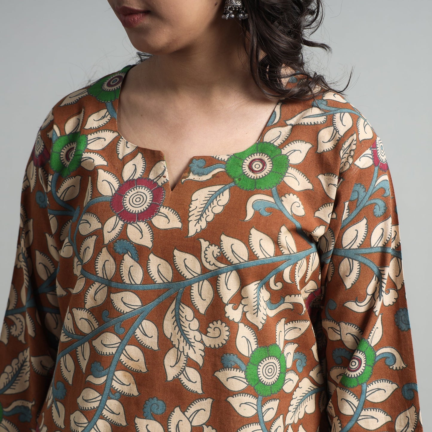  Kalamkari Printed Cotton A-Line Long Kurta For Women