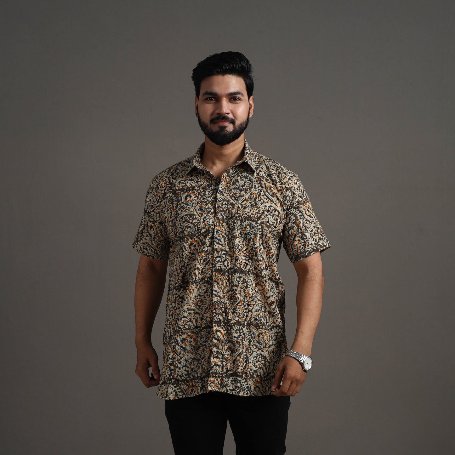 Brown - Kalamkari Block Printed Cotton Men Half Sleeve Shirt 03