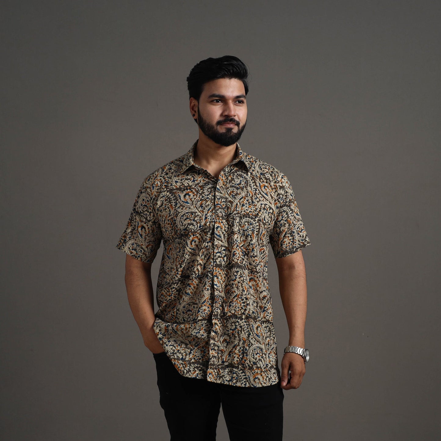 Brown - Kalamkari Block Printed Cotton Men Half Sleeve Shirt 03