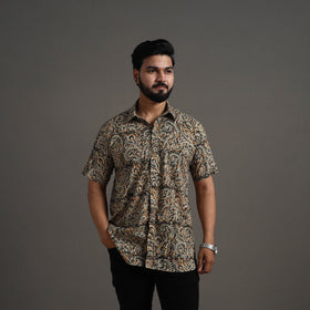 Brown - Kalamkari Block Printed Cotton Men Half Sleeve Shirt 03