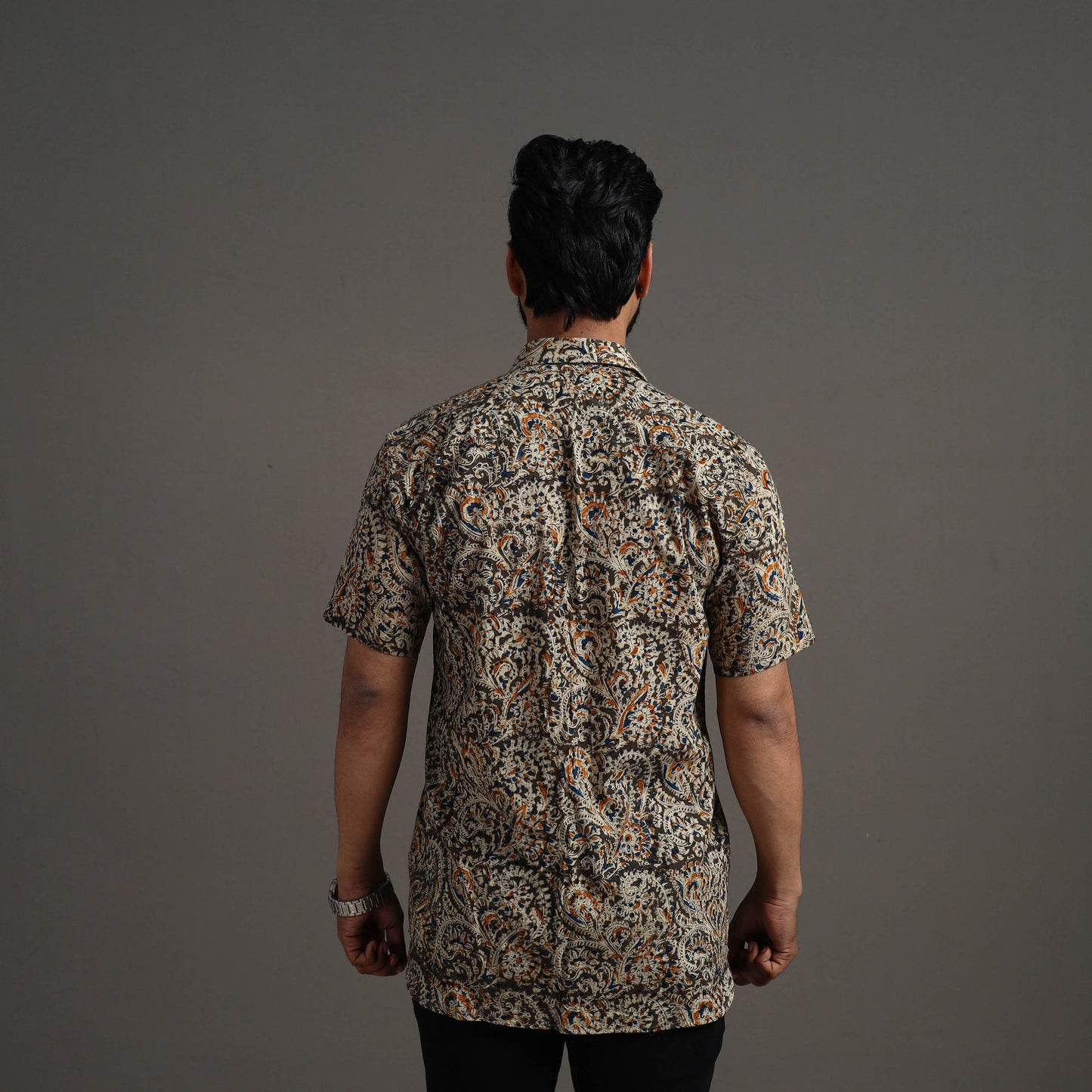 Brown - Kalamkari Block Printed Cotton Men Half Sleeve Shirt 03