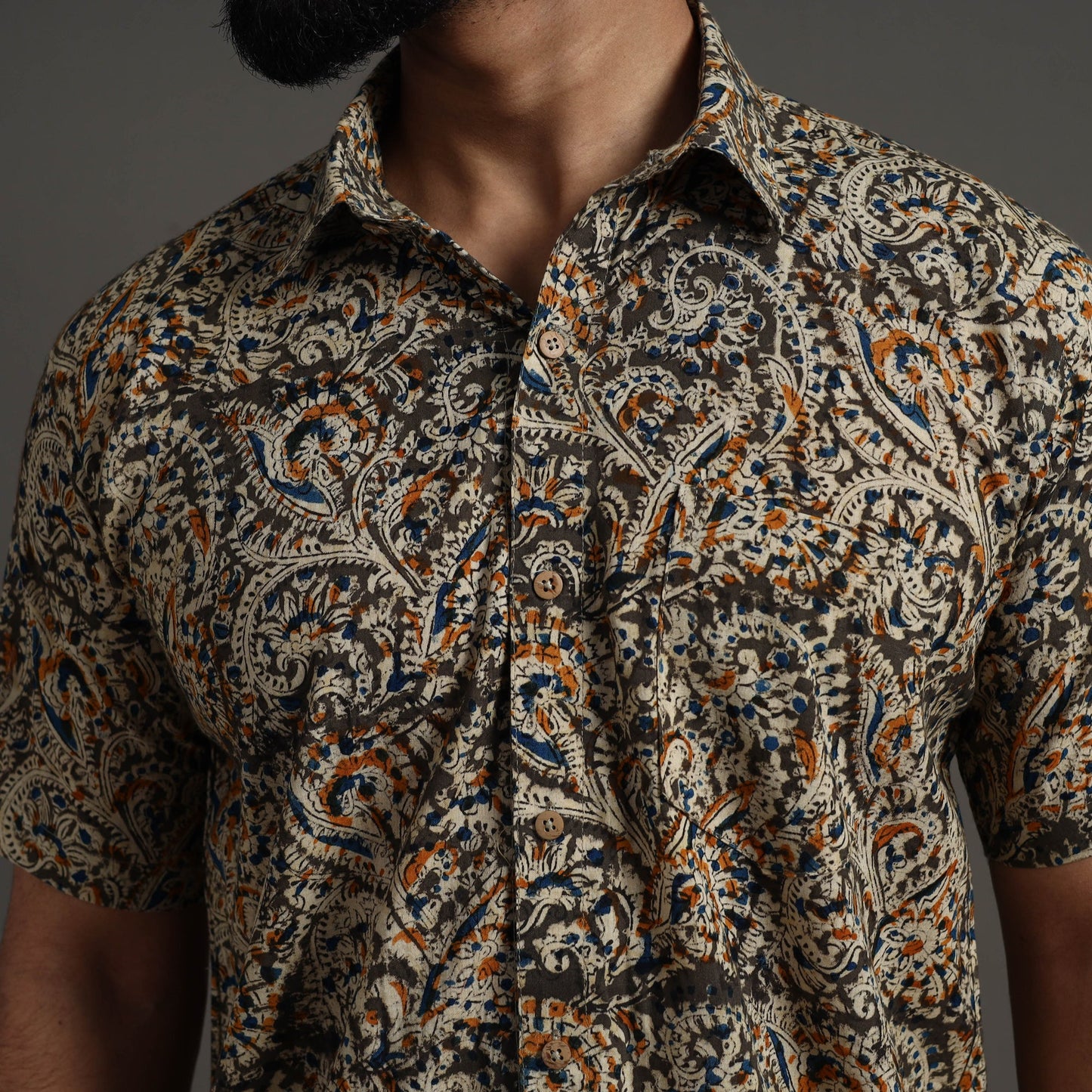Brown - Kalamkari Block Printed Cotton Men Half Sleeve Shirt 03
