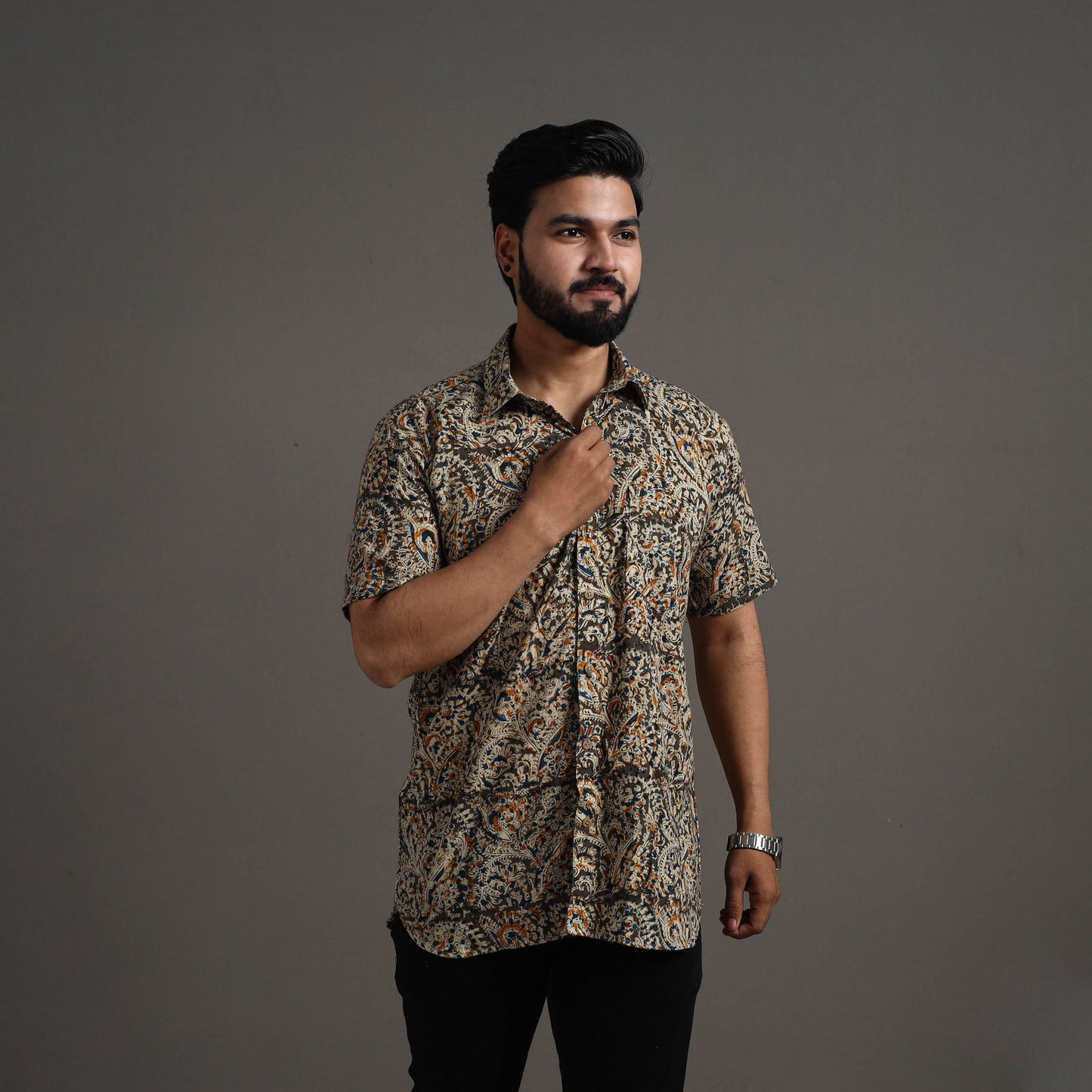 Brown - Kalamkari Block Printed Cotton Men Half Sleeve Shirt 03