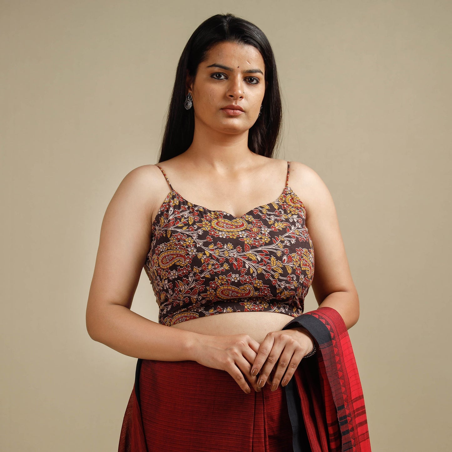 Brown - kalamkari printed cotton stitched blouse