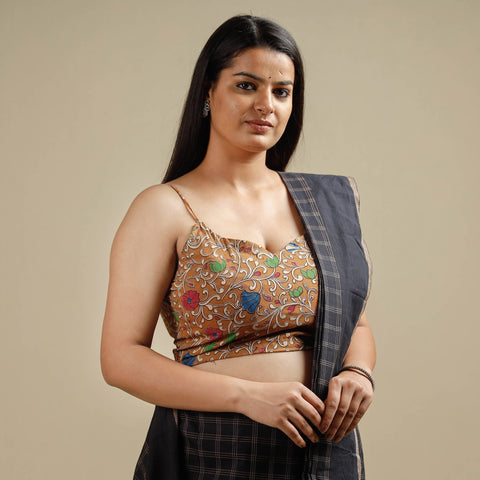 Brown - kalamkari printed cotton stitched blouse