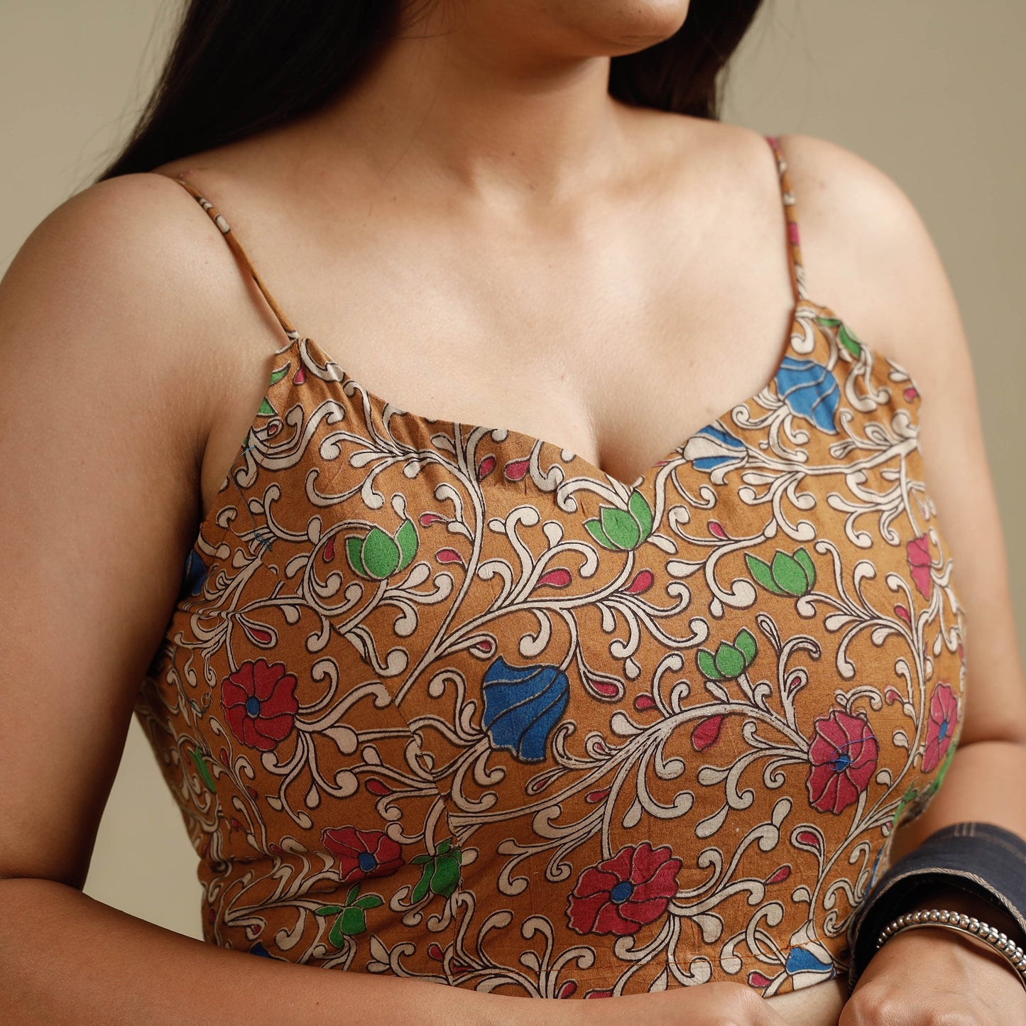 Brown - kalamkari printed cotton stitched blouse
