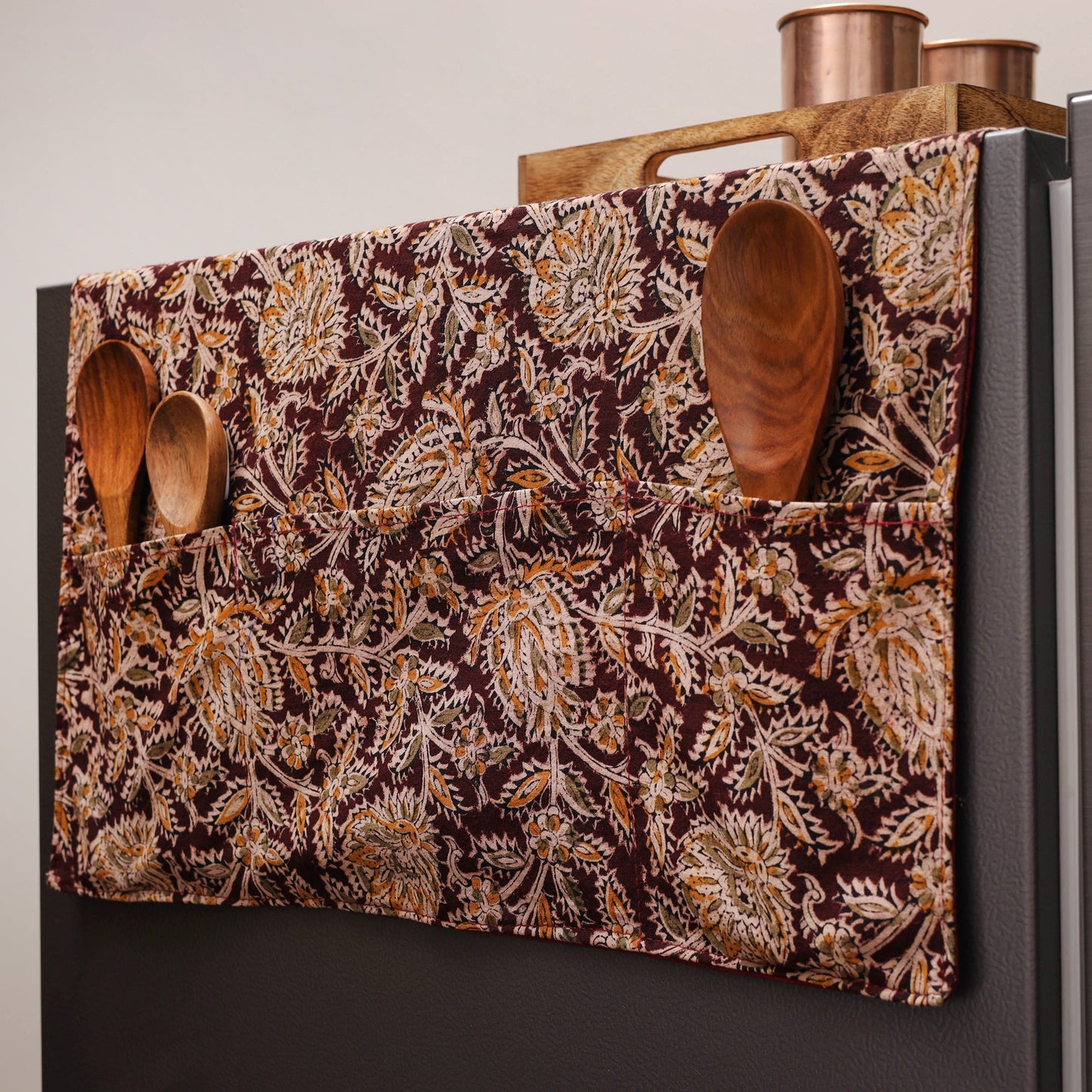 Brown Kalamkari Block Printed Fridge Top Cover with Handle Cover