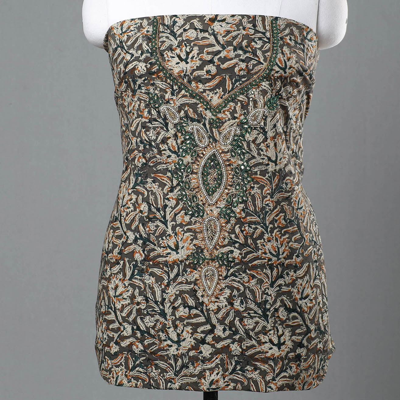 Buy Kalamkari Block Printed Kundan & Bead Work Hand Embroidery Cotton Kurta Material Online at iTokri.com