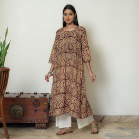 Kalamkari Block Printed Mul Cotton Pintuck A-Line Kurta For Women