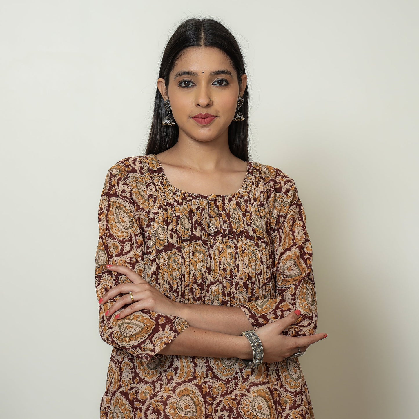 Kalamkari Block Printed Mul Cotton Pintuck A-Line Kurta For Women