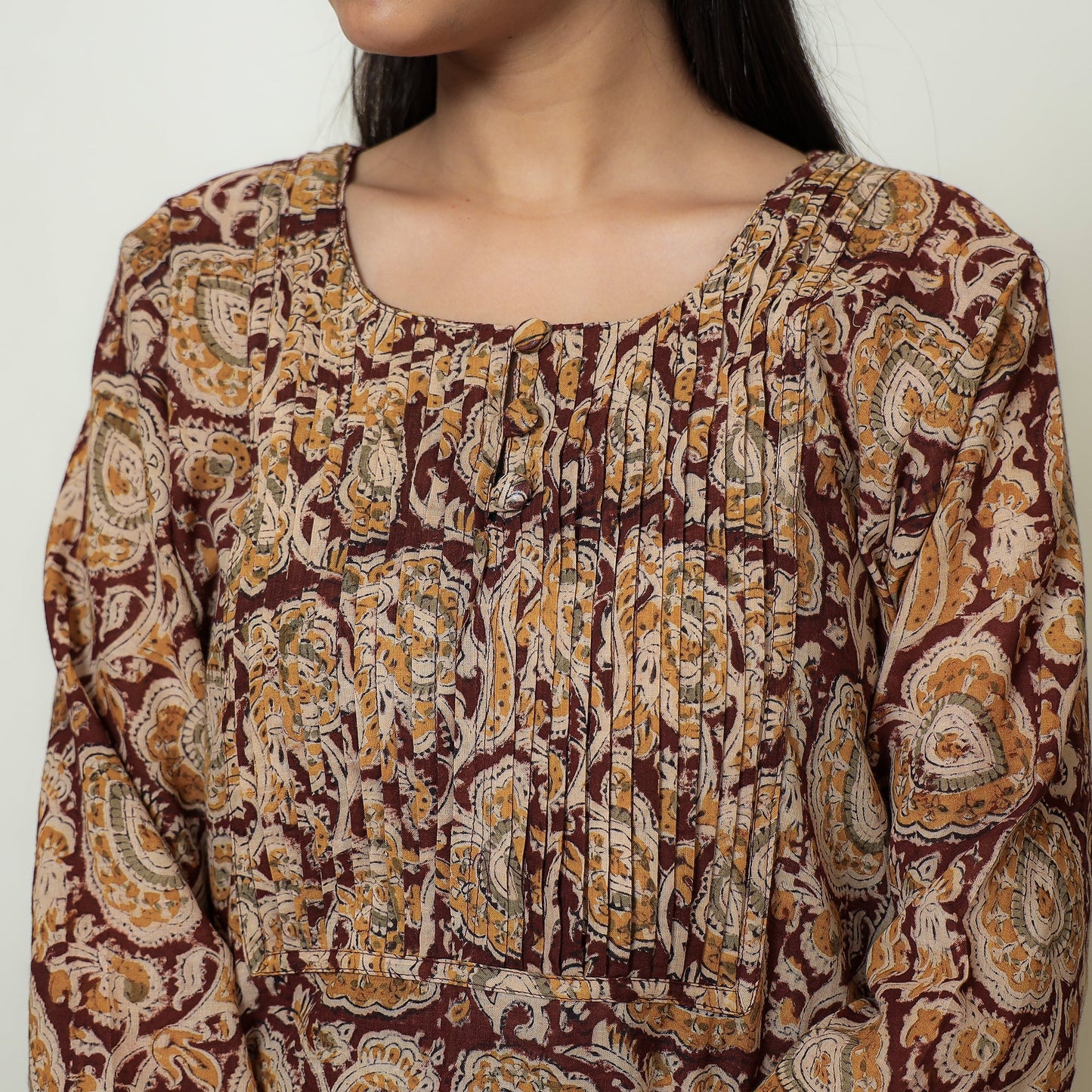Kalamkari Block Printed Mul Cotton Pintuck A-Line Kurta For Women