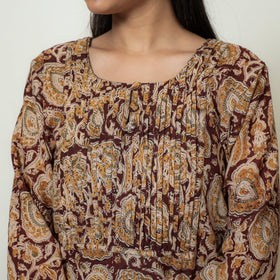 Kalamkari Block Printed Mul Cotton Pintuck A-Line Kurta For Women